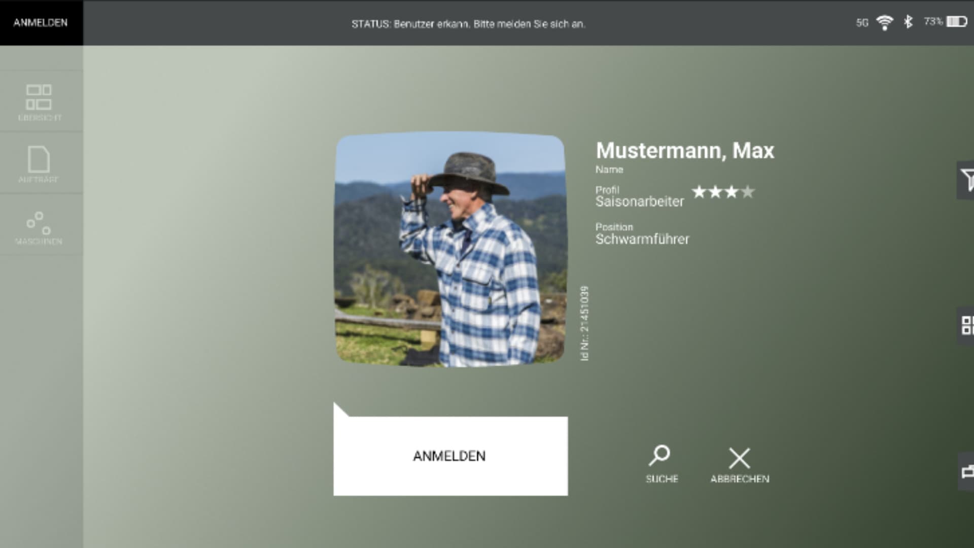 Steuerungssoftware Anmeldungsseite
